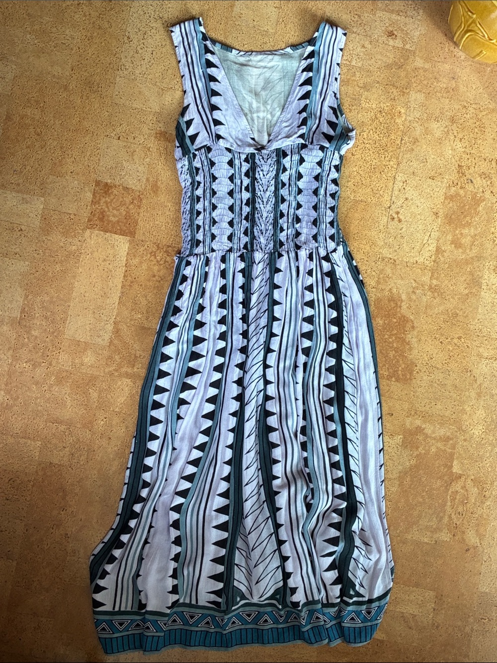 Bold Geometric Print Hand-Dyed Dress Teal, Lavender & Black